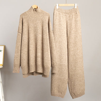 Plain Turtleneck Knit Pants Set