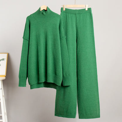 Plain Turtleneck Knit Pants Set