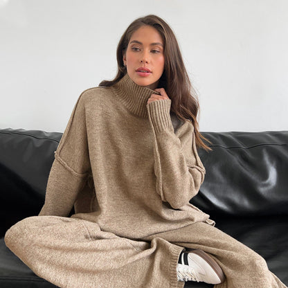 Plain Turtleneck Knit Pants Set