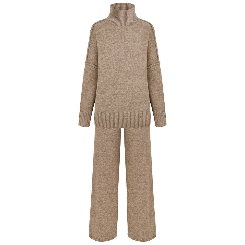 Plain Turtleneck Knit Pants Set