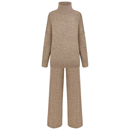 Plain Turtleneck Knit Pants Set