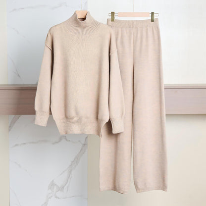 Plain Turtleneck Knit Pants Set