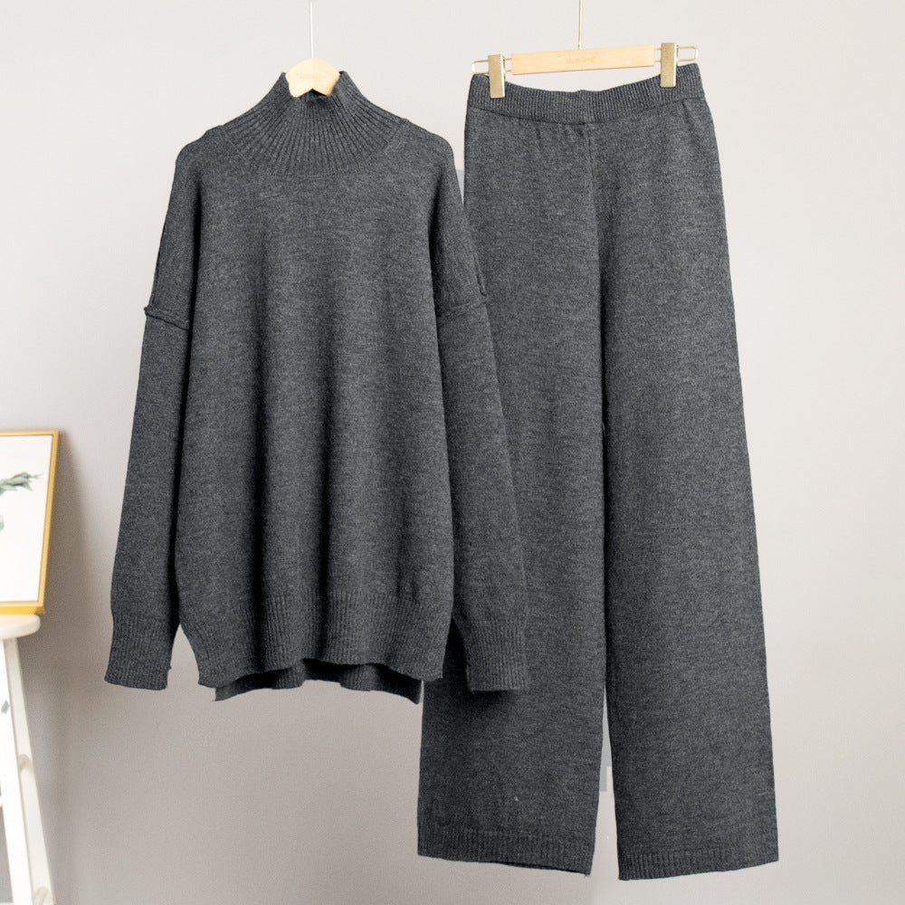 Plain Turtleneck Knit Pants Set