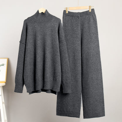 Plain Turtleneck Knit Pants Set