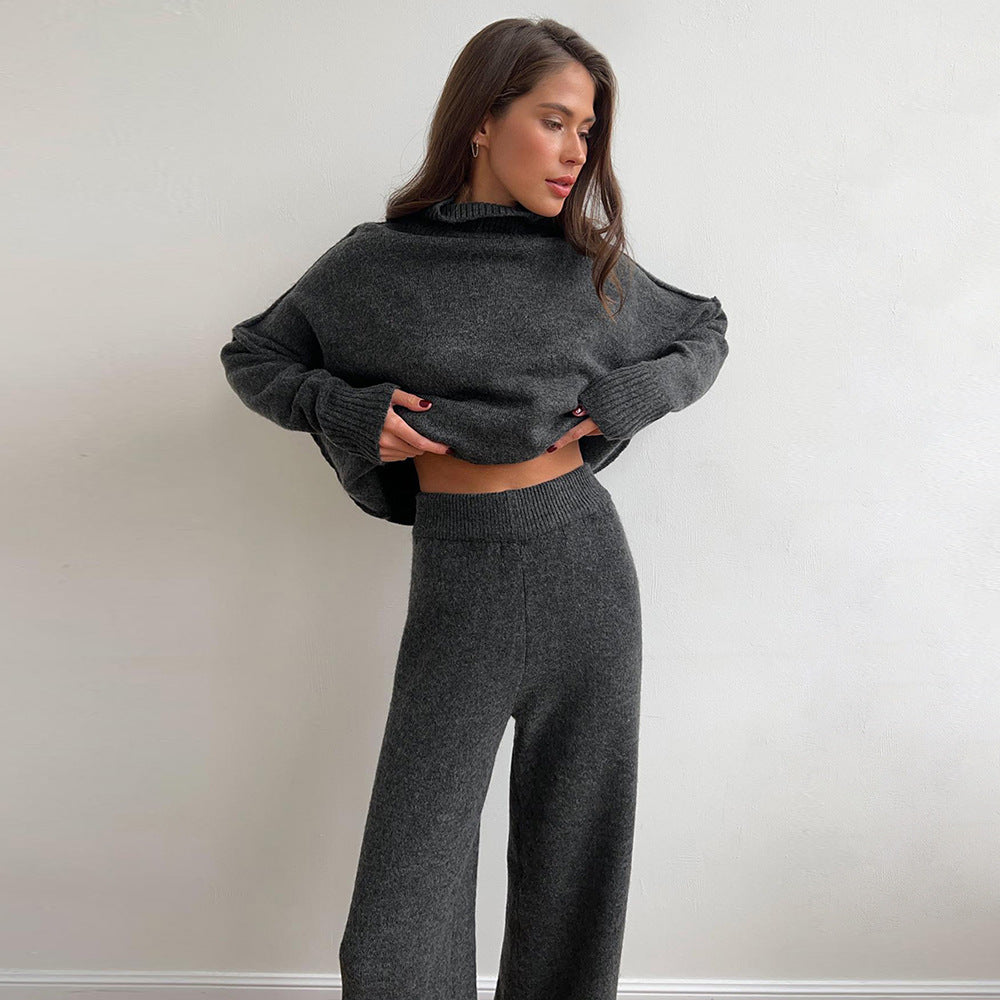 Plain Turtleneck Knit Pants Set