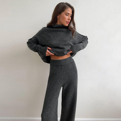 Plain Turtleneck Knit Pants Set