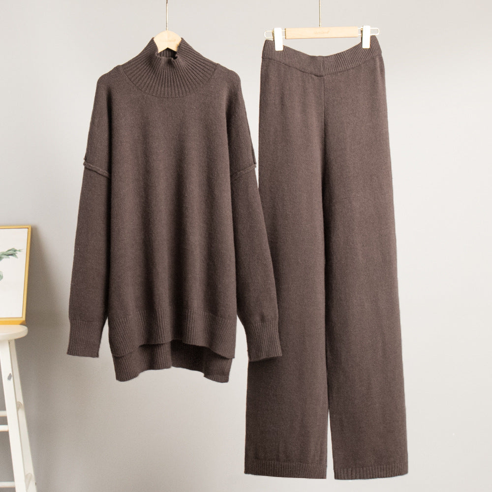 Plain Turtleneck Knit Pants Set