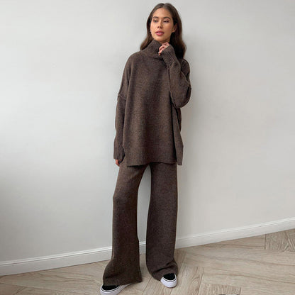 Plain Turtleneck Knit Pants Set