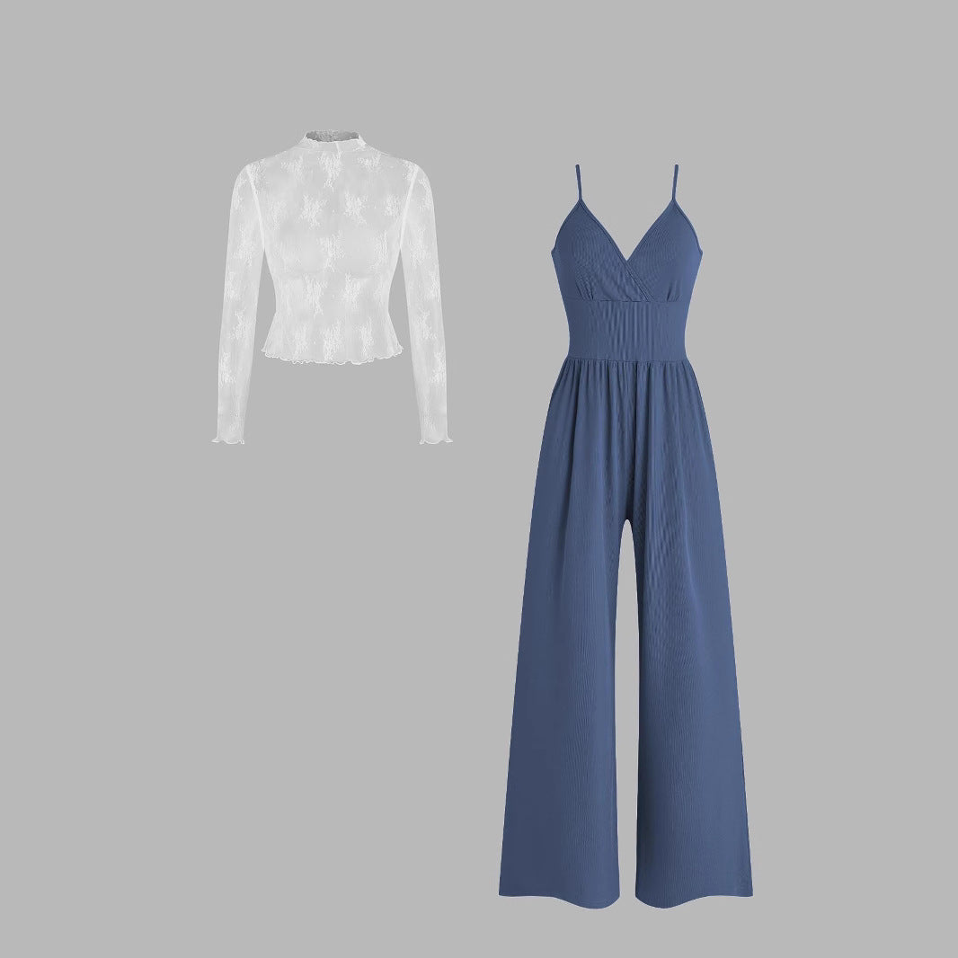 Elegant Lace Tee & Pocket Romper Jumpsuit